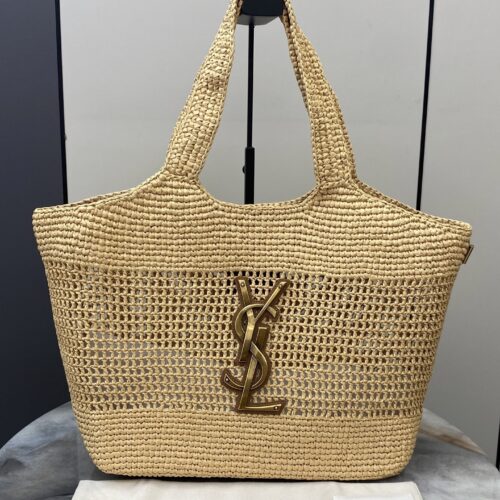 YSL Small Icare Woven Tote – Beige & Gold