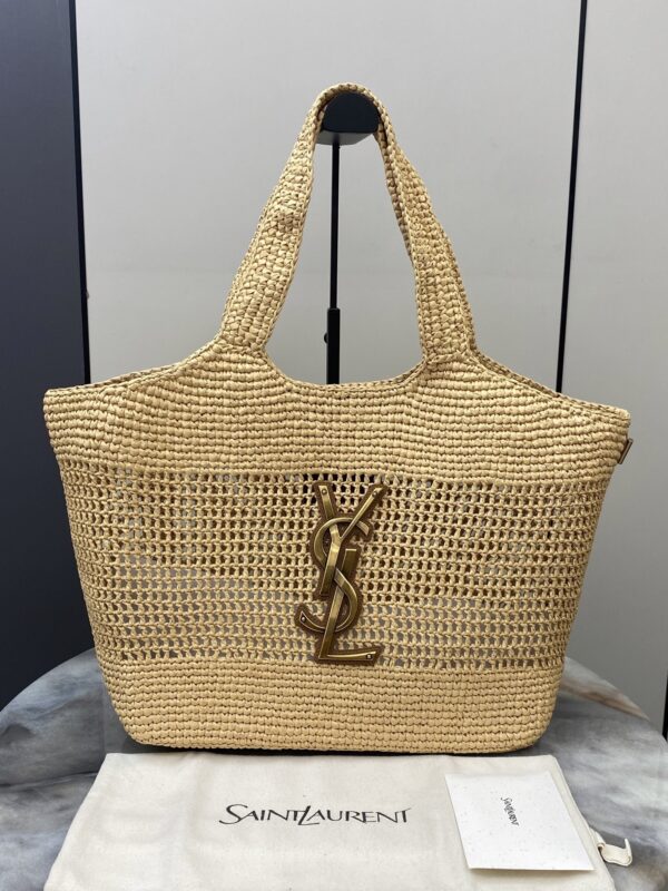 sy_no_6D06805740B3D1CF18950125B9BF98EE_0 YSL Small Icare Woven Tote – Beige & Gold