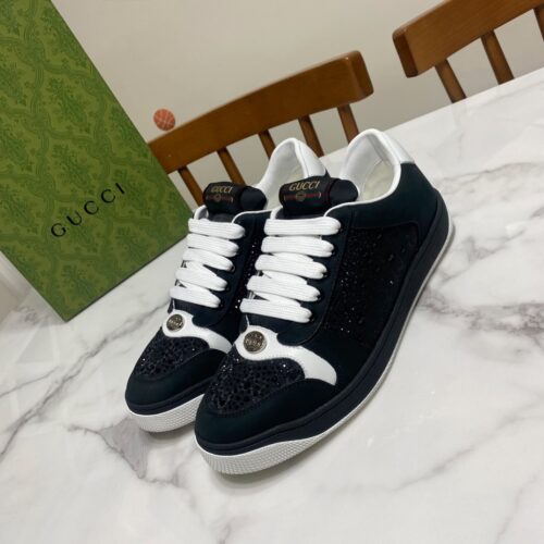 sy_no_6D5F9E8E8513D49529D4CA41621B28BE_0 Gucci Screener Black Crystal Leather & Suede Sneaker