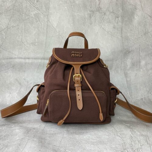 sy_no_6E1D3F9E1AEC59FF5B741CBD20C6C8B7_0 Dark Brown Canvas & Caramel Leather Drawstring Backpack
