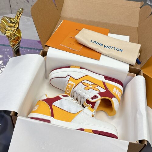 sy_no_7058B4E716BD6F3106F8509AC3FFE0AE_0 Louis Vuitton LV Trainer Strap White, Yellow & Burgundy Retro Sneakers
