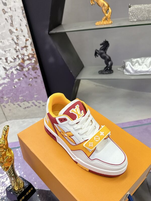 sy_no_7058B4E716BD6F3106F8509AC3FFE0AE_5 Louis Vuitton LV Trainer Strap White, Yellow & Burgundy Retro Sneakers