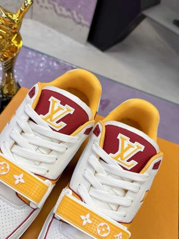 sy_no_7058B4E716BD6F3106F8509AC3FFE0AE_6 Louis Vuitton LV Trainer Strap White, Yellow & Burgundy Retro Sneakers