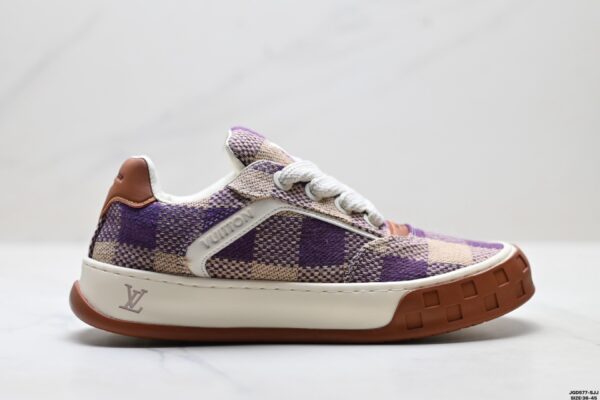 sy_no_73224DCE7DBBF62EF43F7F88DE8CE318_0 Louis Vuitton LV Groovy Purple & Beige Woven Damier Chunky Sneakers