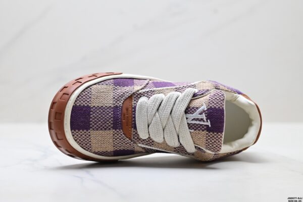 sy_no_73224DCE7DBBF62EF43F7F88DE8CE318_1 Louis Vuitton LV Groovy Purple & Beige Woven Damier Chunky Sneakers