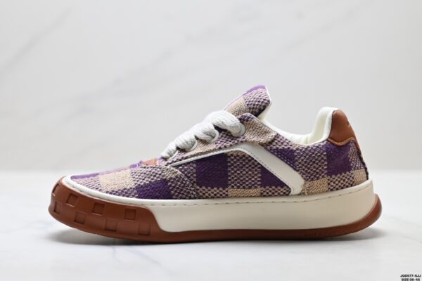 sy_no_73224DCE7DBBF62EF43F7F88DE8CE318_2 Louis Vuitton LV Groovy Purple & Beige Woven Damier Chunky Sneakers