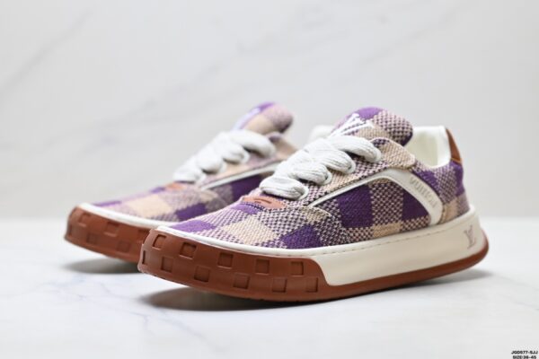 sy_no_73224DCE7DBBF62EF43F7F88DE8CE318_3 Louis Vuitton LV Groovy Purple & Beige Woven Damier Chunky Sneakers