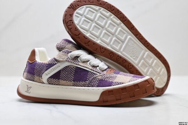 sy_no_73224DCE7DBBF62EF43F7F88DE8CE318_4 Louis Vuitton LV Groovy Purple & Beige Woven Damier Chunky Sneakers
