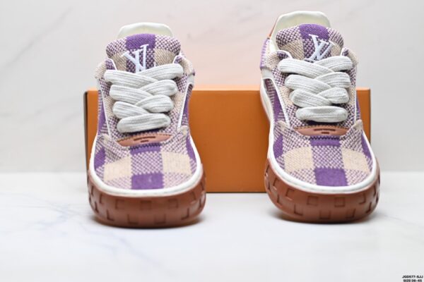 sy_no_73224DCE7DBBF62EF43F7F88DE8CE318_6 Louis Vuitton LV Groovy Purple & Beige Woven Damier Chunky Sneakers