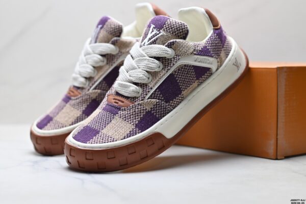 sy_no_73224DCE7DBBF62EF43F7F88DE8CE318_7 Louis Vuitton LV Groovy Purple & Beige Woven Damier Chunky Sneakers