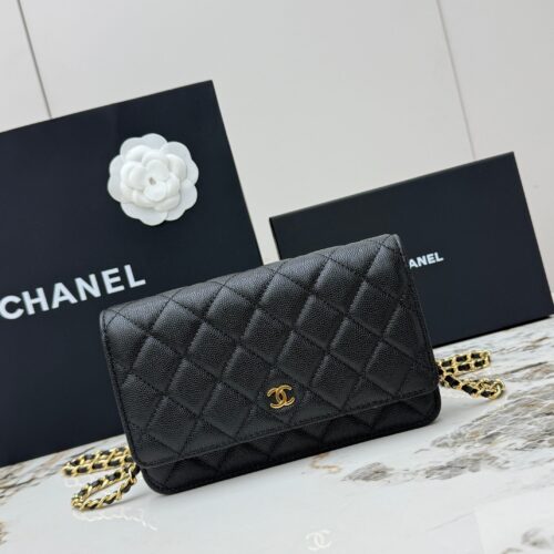 sy_no_7F9F1F7AAFB87273B555522F185EDB92_0 Black Quilted Textured Calfskin WOC Chain Wallet