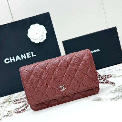 Burgundy Quilted Textured Calfskin WOC Chain Wallet
