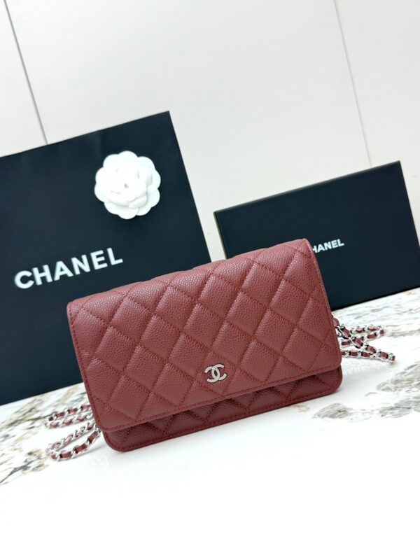 Burgundy Quilted Textured Calfskin WOC Chain Wallet