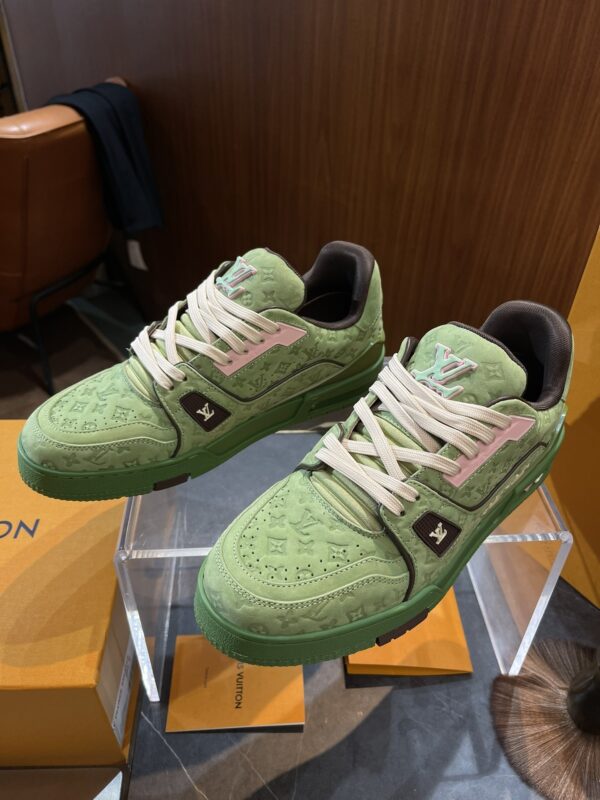Louis Vuitton LV Trainer Green Suede & Pink Retro Sneakers