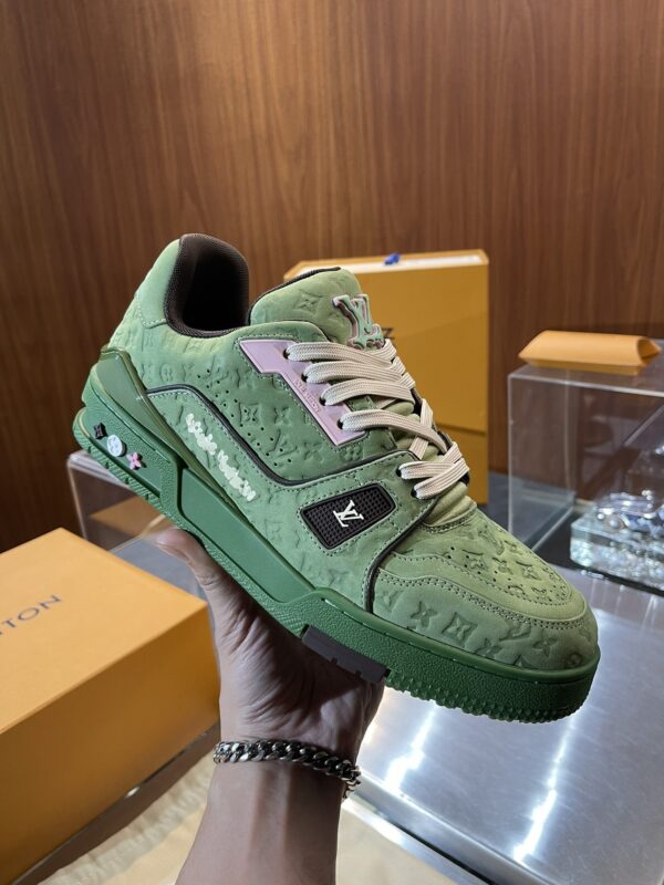 Louis Vuitton LV Trainer Green Suede & Pink Retro Sneakers
