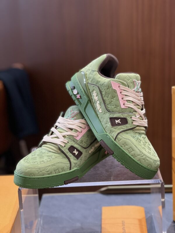 Louis Vuitton LV Trainer Green Suede & Pink Retro Sneakers