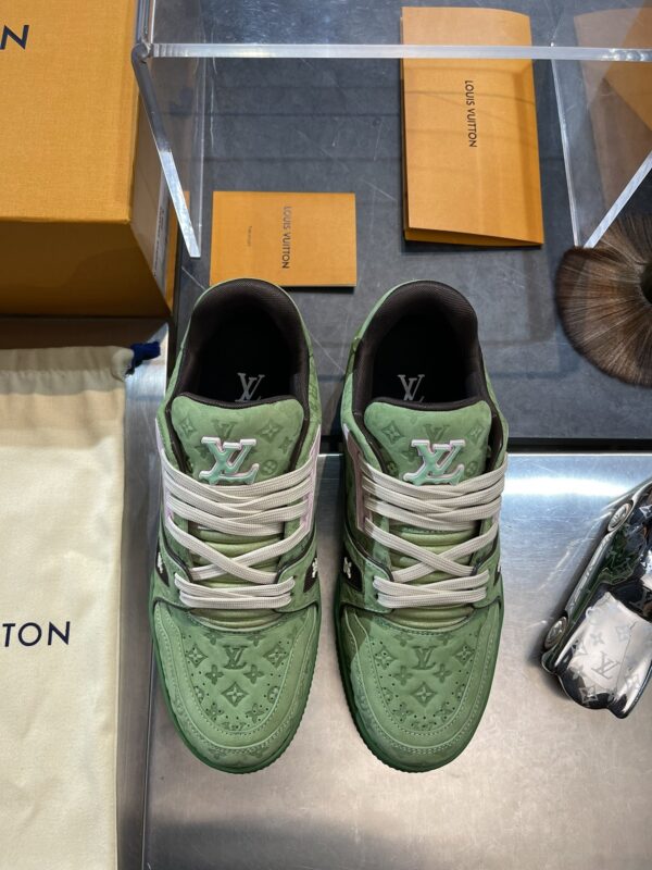Louis Vuitton LV Trainer Green Suede & Pink Retro Sneakers