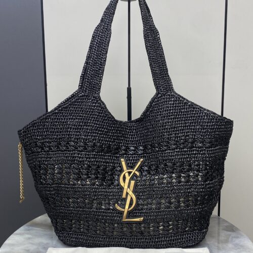YSL Small Icare Woven Tote – Black & Gold