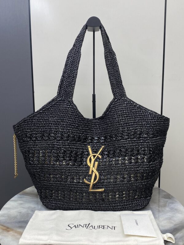 sy_no_84EC380892E230C9EE15EC50C97C1962_0 YSL Small Icare Woven Tote – Black & Gold