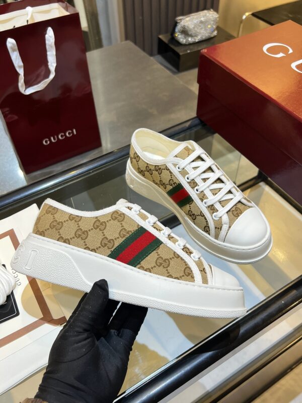 sy_no_8522B7535EA13FFE7F63FBC3CBF17E71_0 Gucci Re-Web Sneaker in Beige GG Canvas with Green & Red Web