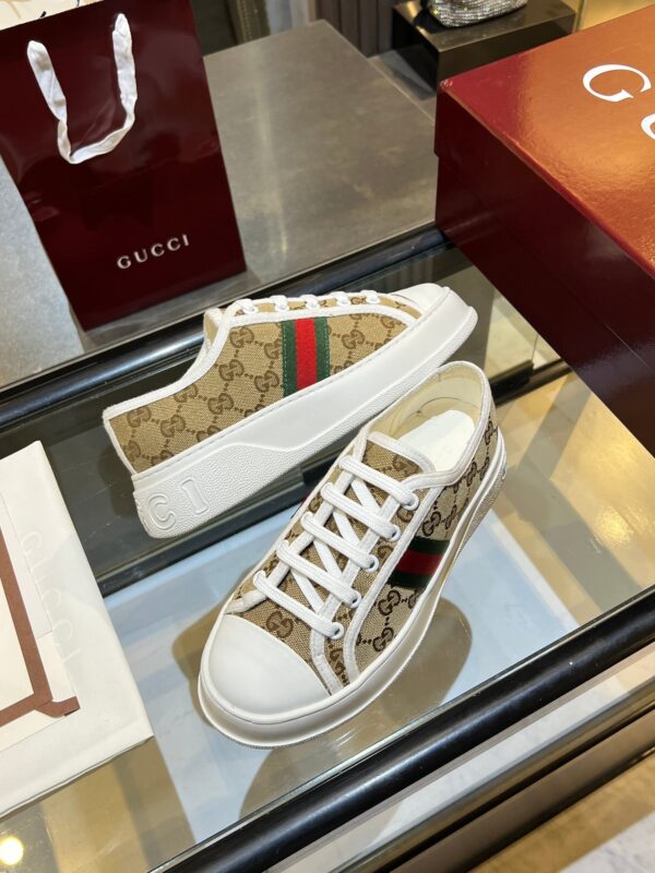 sy_no_8522B7535EA13FFE7F63FBC3CBF17E71_7 Gucci Re-Web Sneaker in Beige GG Canvas with Green & Red Web