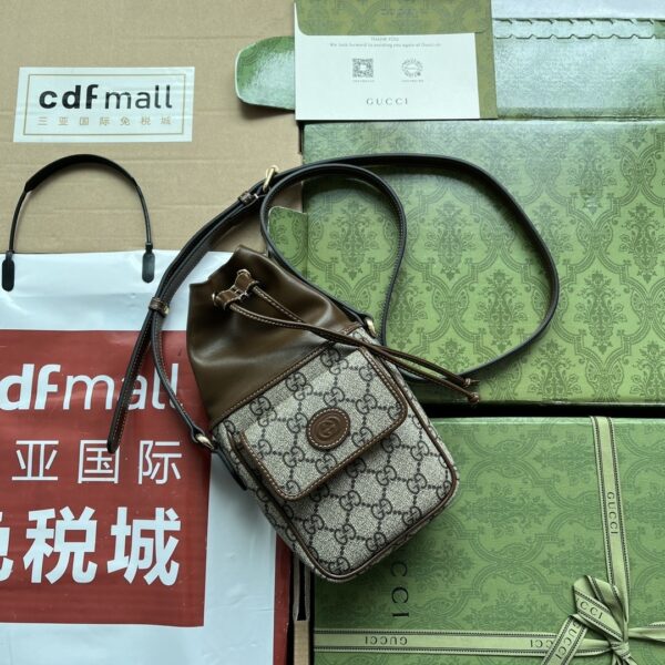 sy_no_85C4482066EDF53BE7EFF970EAC49155_0 Gucci Interlocking G GG Supreme Mini Drawstring Bucket Bag – Brown