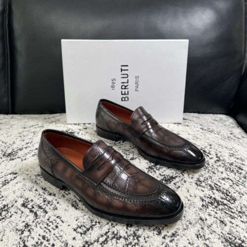 Tobacco Brown & Dark Coffee Crocodile-Embossed Patina Penny Loafers