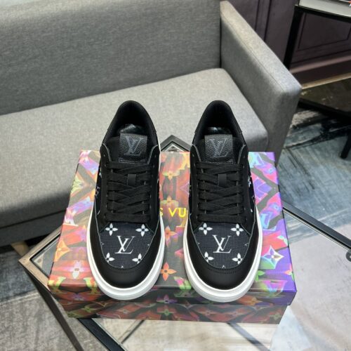 sy_no_870F345387F75C448563A06F041C1BDF_0 Louis Vuitton Monogram Jacquard Canvas & Black Leather Low-Top Sneakers