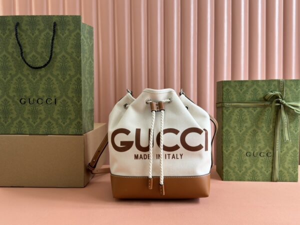 sy_no_8785E6E1A6BD73C59A8D2035F7CA3BED_0 Gucci Printed Canvas Bucket Shoulder Bag – Brown