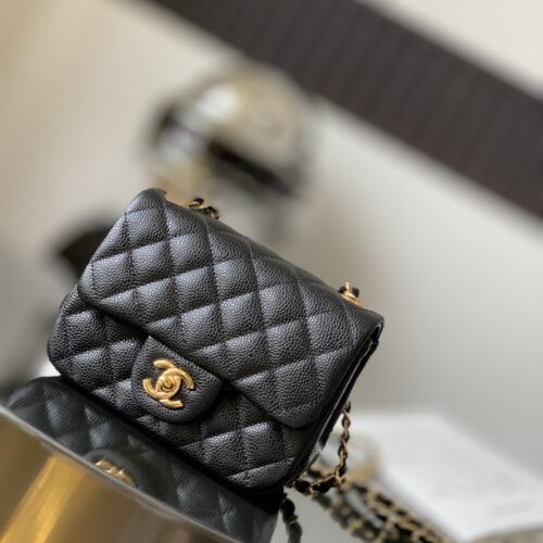 Chanel Black & Gold Caviar Leather Classic CF Quilted Chain Bag