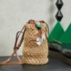 Miu Miu Raffia Open-Weave Bucket Bag – Hand-Crocheted Summer Beach Bag with Leather Charm; Versatile Shoulder & Crossbody Style