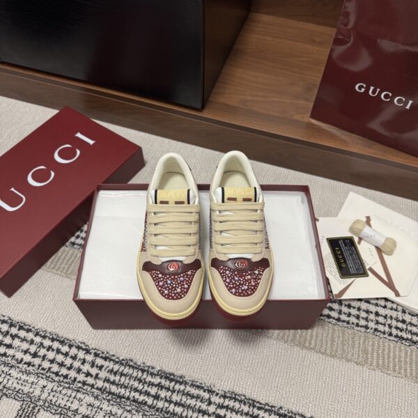 sy_no_8C90AA8000E7E284059C9DA0EA4D648F_1 Gucci Screener Burgundy Crystal GG Canvas & Beige Suede Sneaker