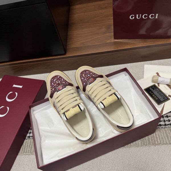 sy_no_8C90AA8000E7E284059C9DA0EA4D648F_2 Gucci Screener Burgundy Crystal GG Canvas & Beige Suede Sneaker