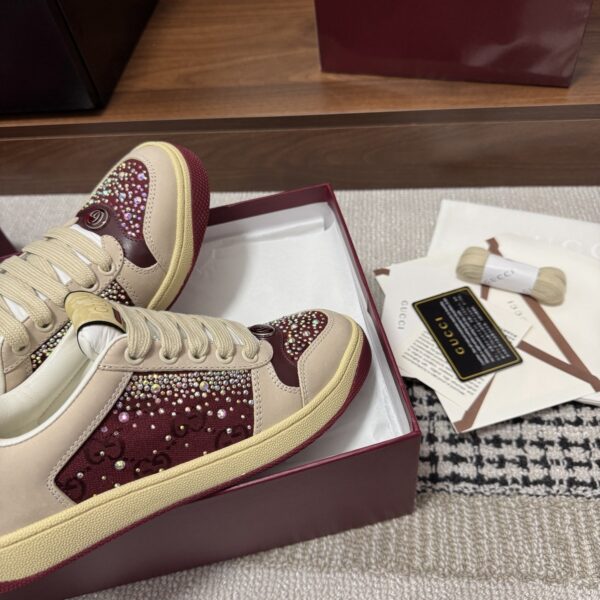 sy_no_8C90AA8000E7E284059C9DA0EA4D648F_3 Gucci Screener Burgundy Crystal GG Canvas & Beige Suede Sneaker
