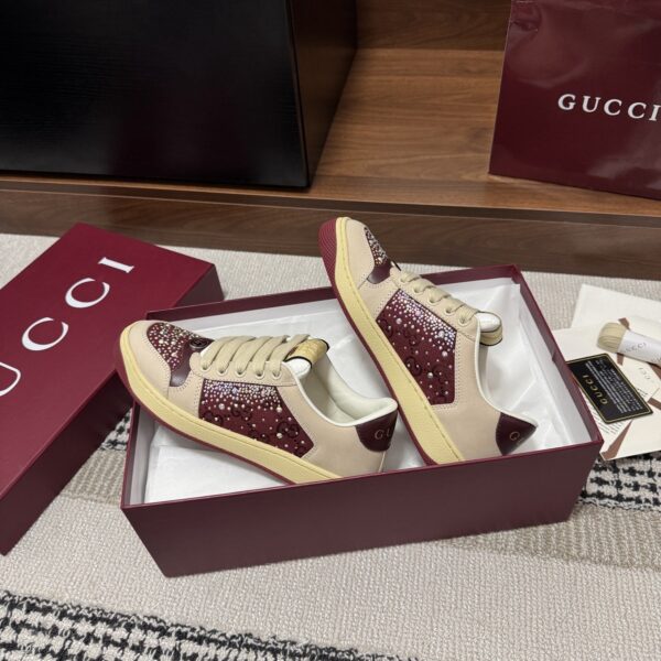 sy_no_8C90AA8000E7E284059C9DA0EA4D648F_5 Gucci Screener Burgundy Crystal GG Canvas & Beige Suede Sneaker