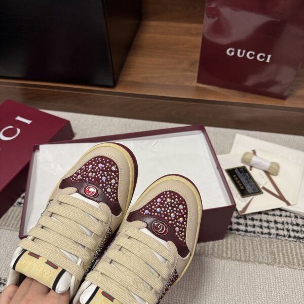sy_no_8C90AA8000E7E284059C9DA0EA4D648F_7 Gucci Screener Burgundy Crystal GG Canvas & Beige Suede Sneaker
