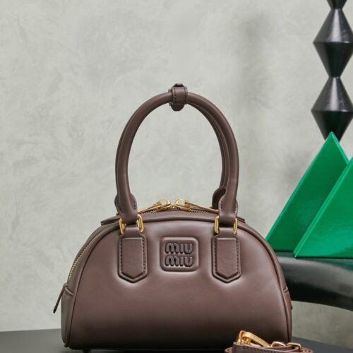 Miu Miu Women’s Arcadie Calfskin Bowling Bag – Vintage-Style Shell Bag (Suitable for Commuting; Shoulder, Crossbody, or Hand-Carry)
