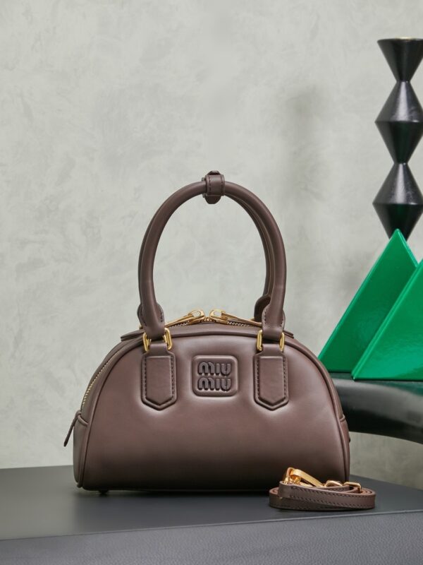Miu Miu Women’s Arcadie Calfskin Bowling Bag – Vintage-Style Shell Bag (Suitable for Commuting; Shoulder, Crossbody, or Hand-Carry)