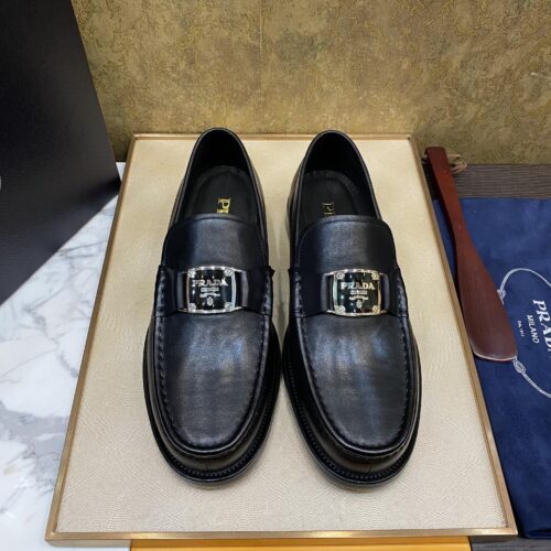 Prada Black Calfskin Metal Logo Loafers