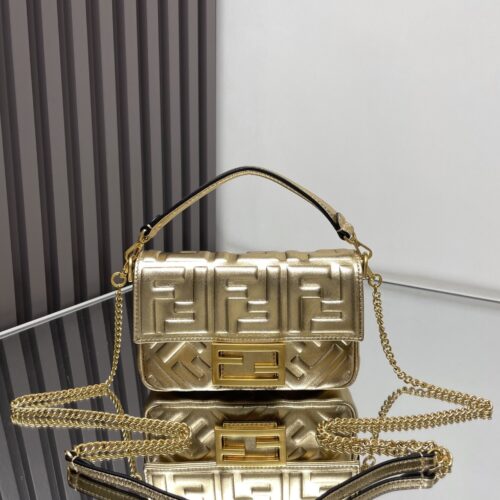 Fendi Baguette Small Handbag – Gold Metallic Leather