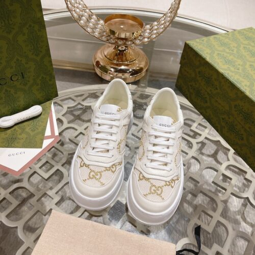sy_no_94A60A28107BCC0F34BDC67BE07FC15E_0 Gucci Re-Web Cream & Champagne Gold GG Jacquard Platform Sneakers