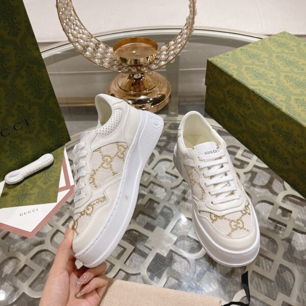 sy_no_94A60A28107BCC0F34BDC67BE07FC15E_1 Gucci Re-Web Cream & Champagne Gold GG Jacquard Platform Sneakers