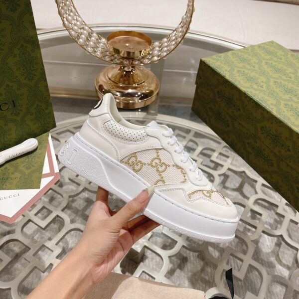 sy_no_94A60A28107BCC0F34BDC67BE07FC15E_2 Gucci Re-Web Cream & Champagne Gold GG Jacquard Platform Sneakers