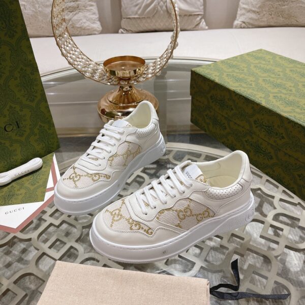 sy_no_94A60A28107BCC0F34BDC67BE07FC15E_3 Gucci Re-Web Cream & Champagne Gold GG Jacquard Platform Sneakers