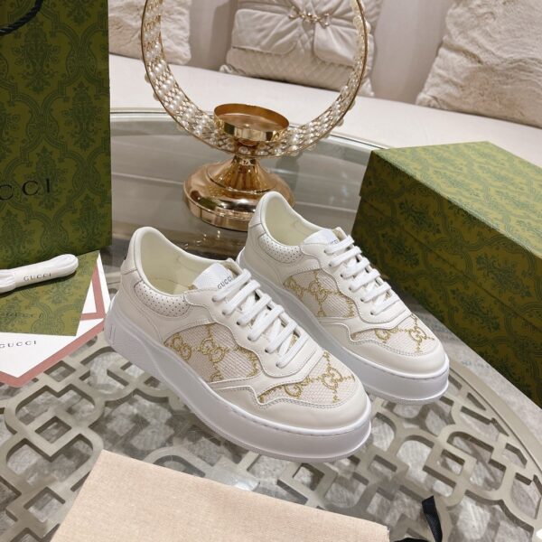 sy_no_94A60A28107BCC0F34BDC67BE07FC15E_4 Gucci Re-Web Cream & Champagne Gold GG Jacquard Platform Sneakers