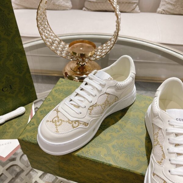 sy_no_94A60A28107BCC0F34BDC67BE07FC15E_5 Gucci Re-Web Cream & Champagne Gold GG Jacquard Platform Sneakers