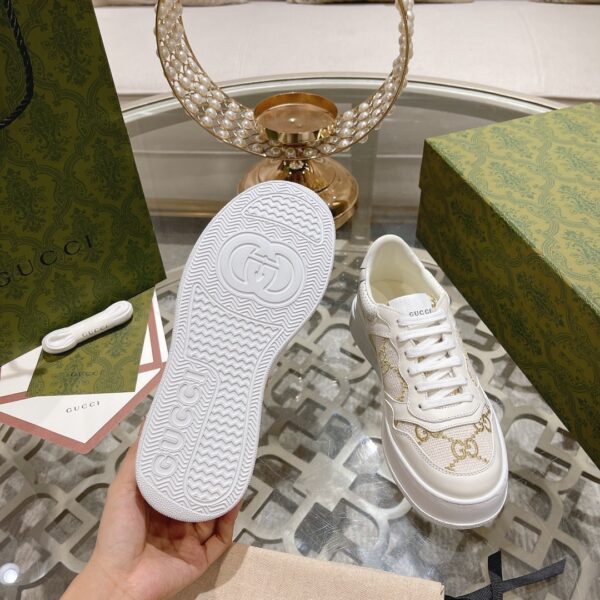 sy_no_94A60A28107BCC0F34BDC67BE07FC15E_7 Gucci Re-Web Cream & Champagne Gold GG Jacquard Platform Sneakers