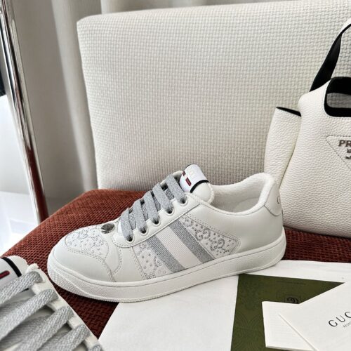 sy_no_9A265DBE522259817CB089E79306021A_0 Gucci Screener Crystal Embellished White Leather Sneaker with Silver Web Stripe