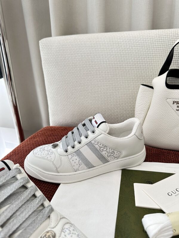 sy_no_9A265DBE522259817CB089E79306021A_0 Gucci Screener Crystal Embellished White Leather Sneaker with Silver Web Stripe