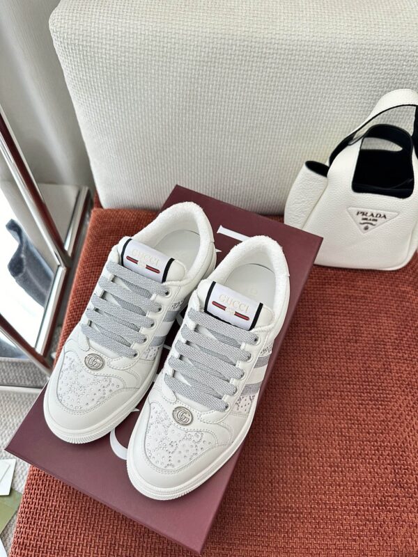 sy_no_9A265DBE522259817CB089E79306021A_1 Gucci Screener Crystal Embellished White Leather Sneaker with Silver Web Stripe